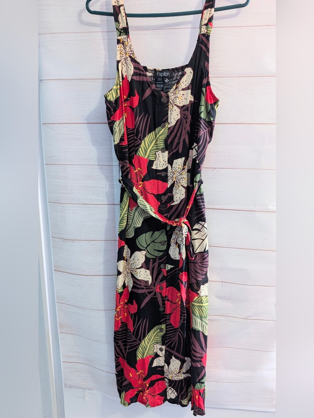 Papillon Blanc Floral Print Tank Dress in Vibrant Black with Red & Green Size M